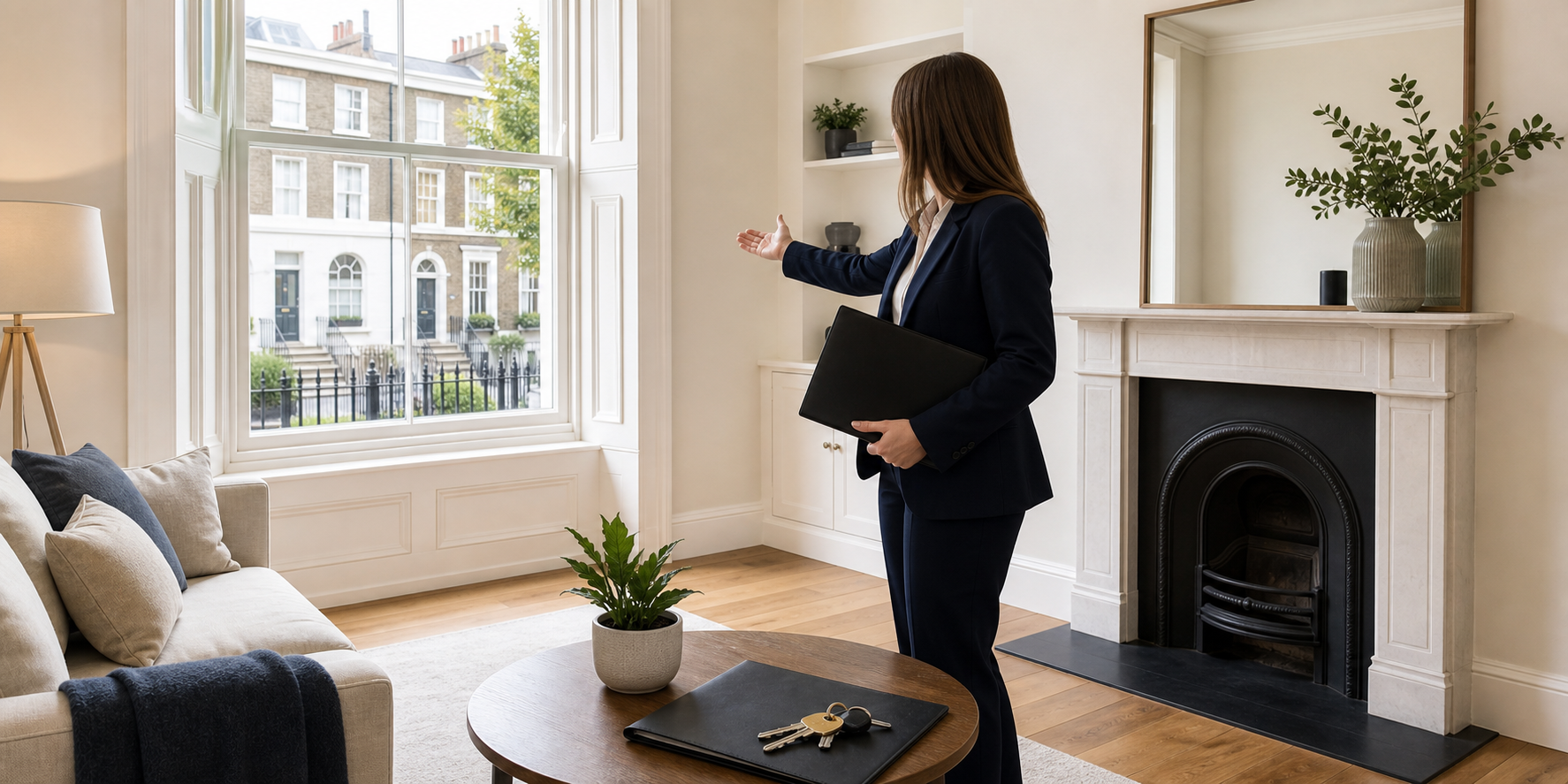 Letting agent showing a managed London living room