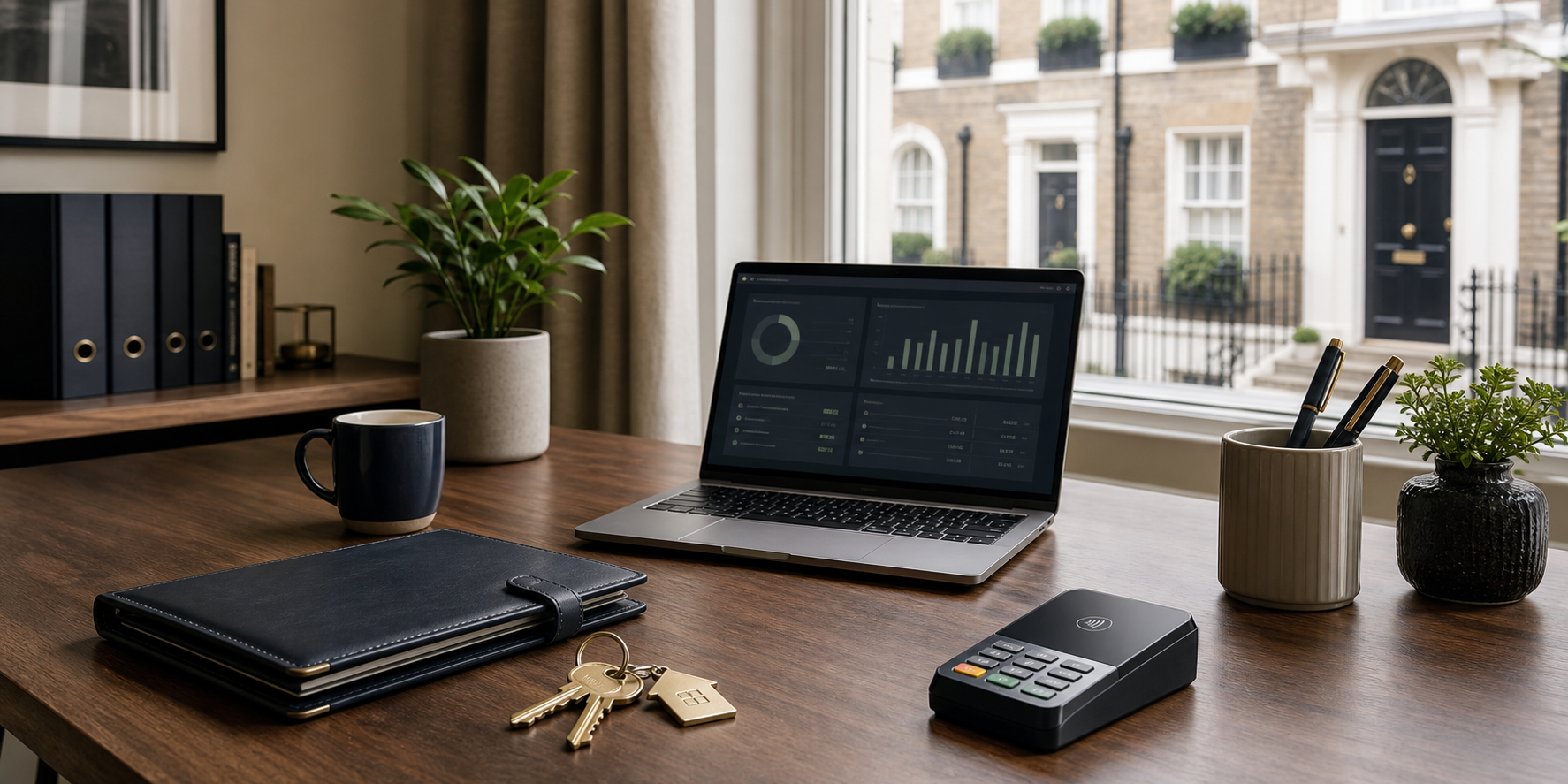 Desk with rental income dashboard, keys and card reader