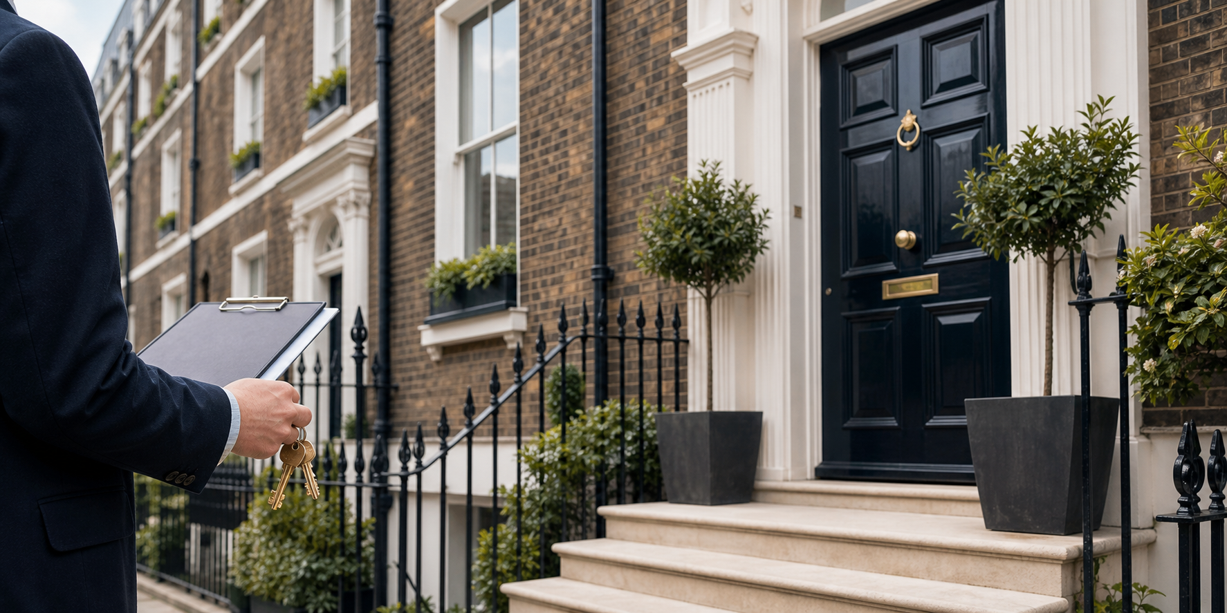 Agent with keys at the door of a London townhouse